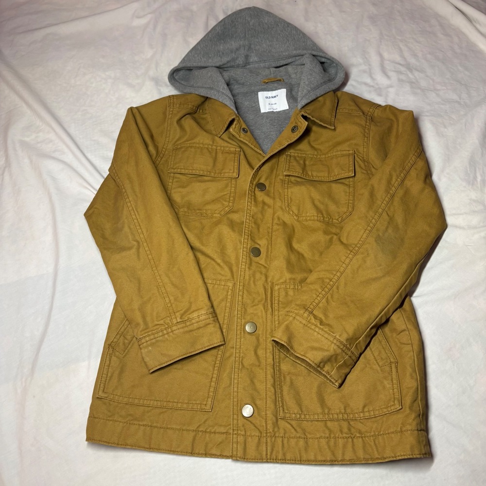 Old Navy Kids XL 14-16 Tan Canvas Hooded Field Jacket Utility Chore Coat Mustard